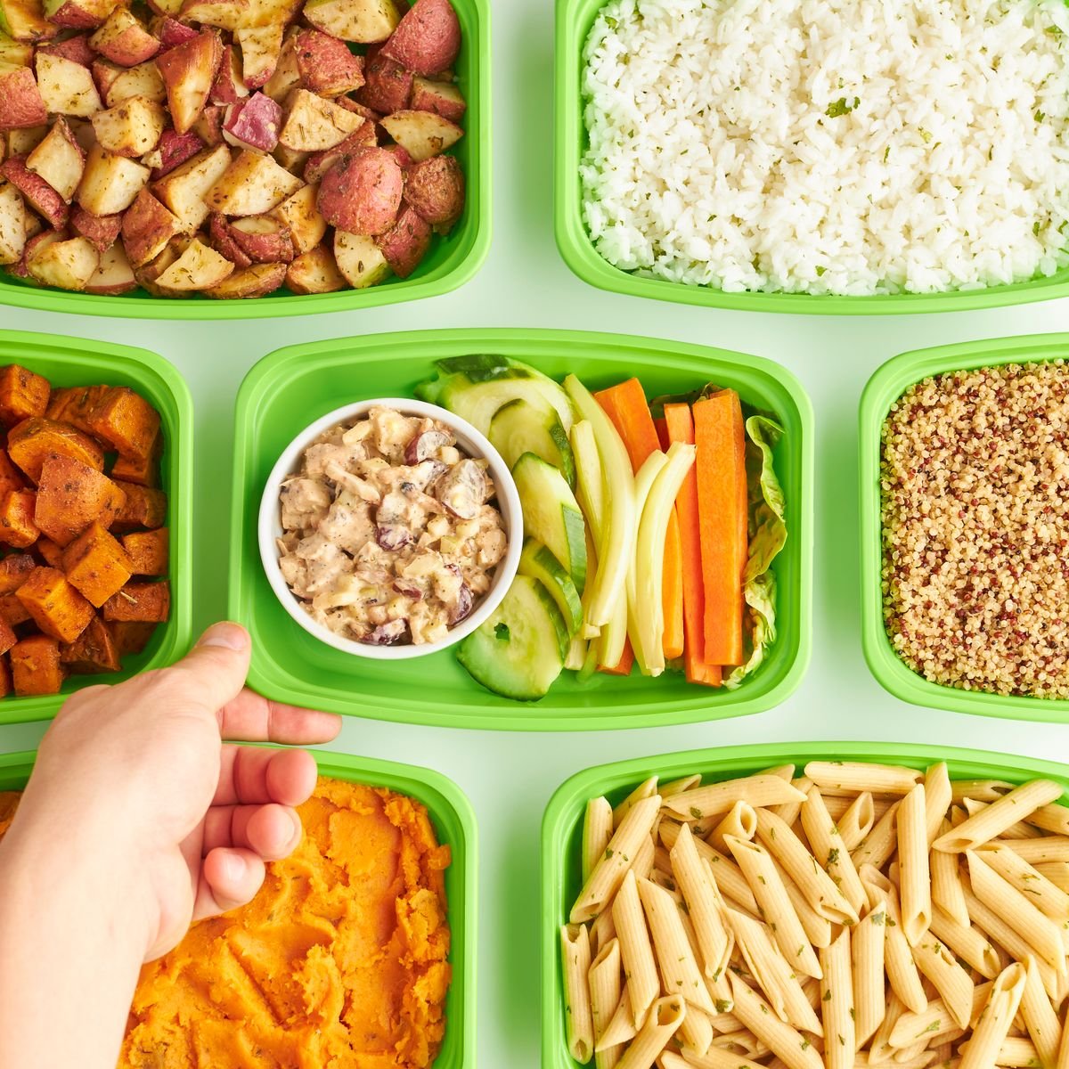An assortment of prepared meals in containers